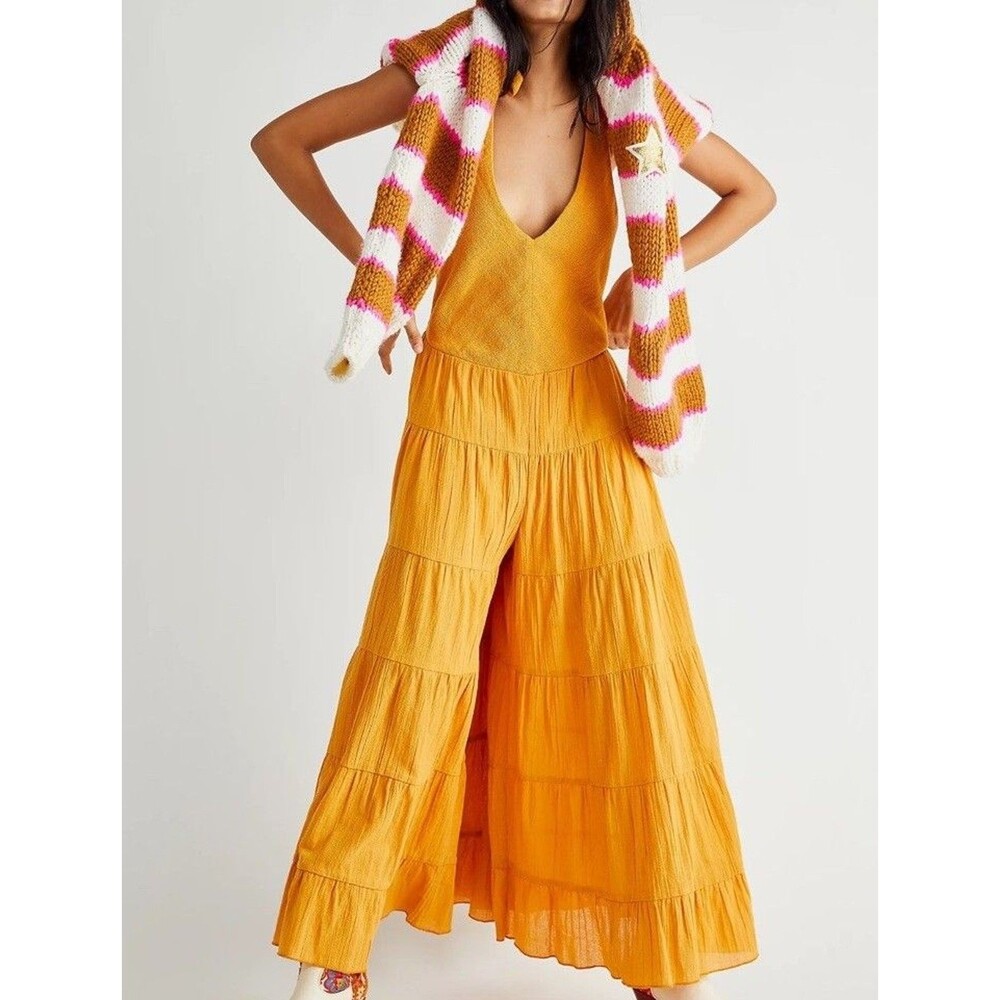 Free People Jagger One-Piece Jumpsuit Womens Medium Mustard Wide Leg Boho